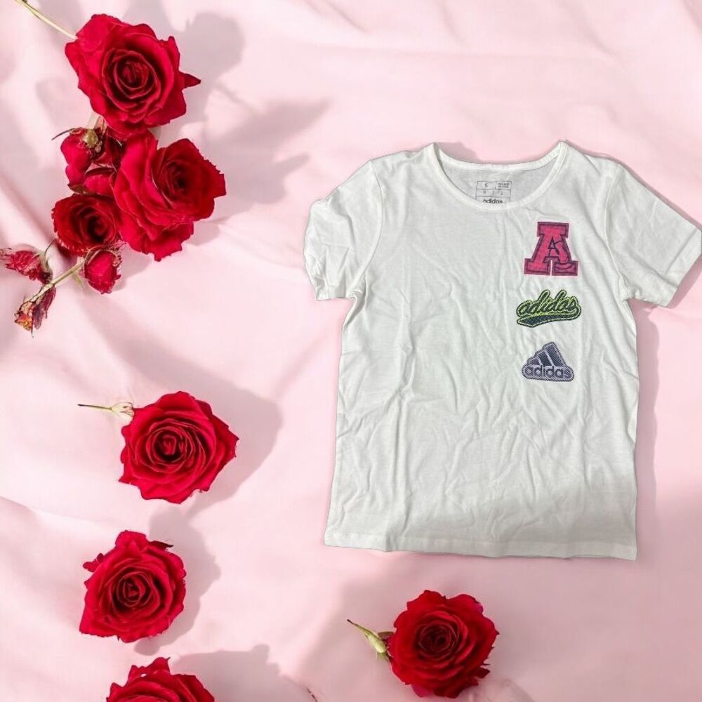 Adidas Kids White T-Shirt with Pink Varsity Letter Logo Patch Athletic Size S